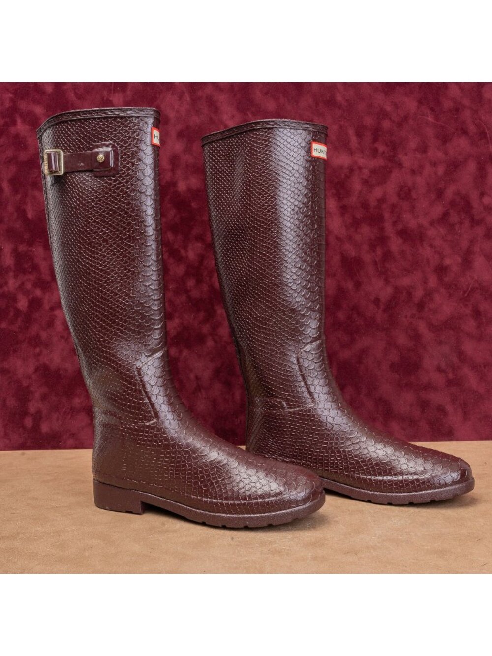 Hunter Women Scale Texture Farm Barn Maroon Wellies Rain Rubber Boots 9US EUR40